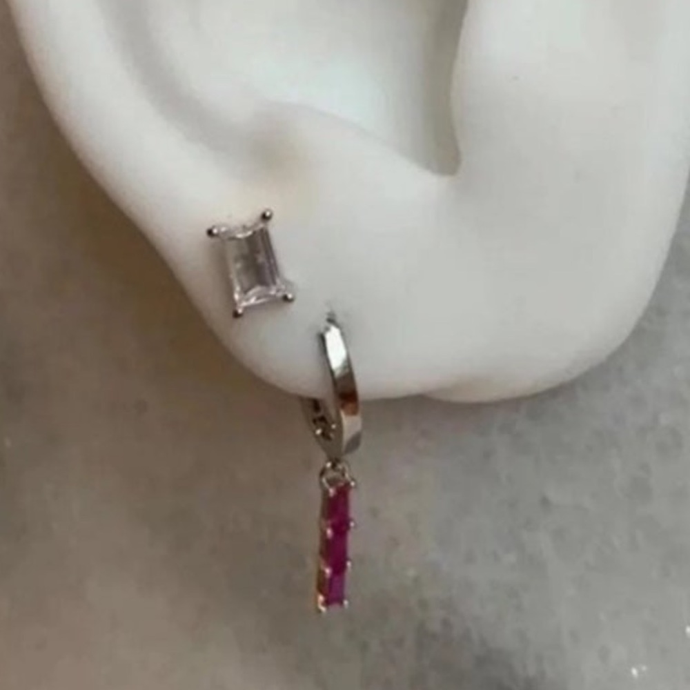 Silver Pink Crystal Princess Dangle Huggie Hoop Earrings - Picture 1 of 4